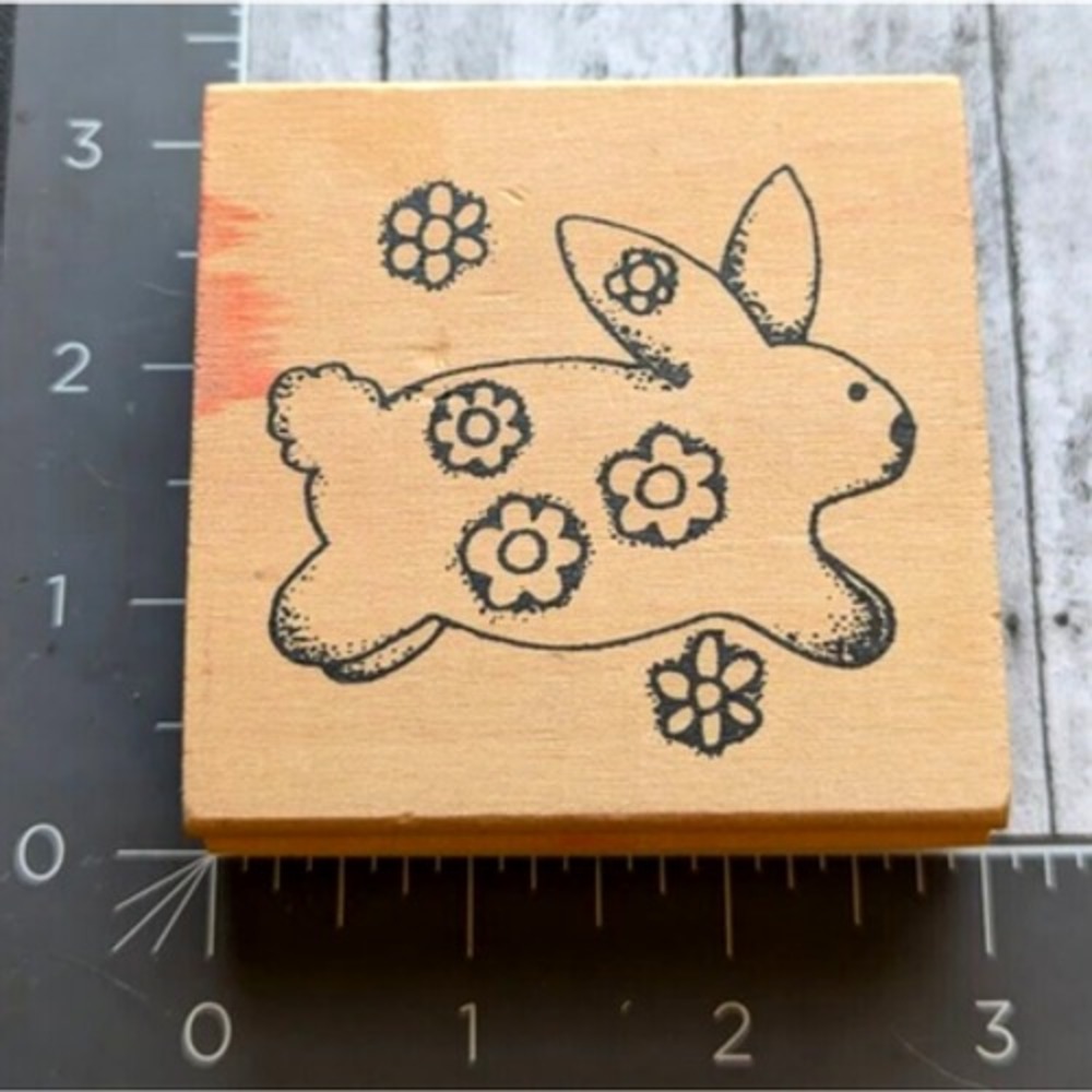 Bunny Flowers Rabbit Running Rubber Stamp Wood #G112